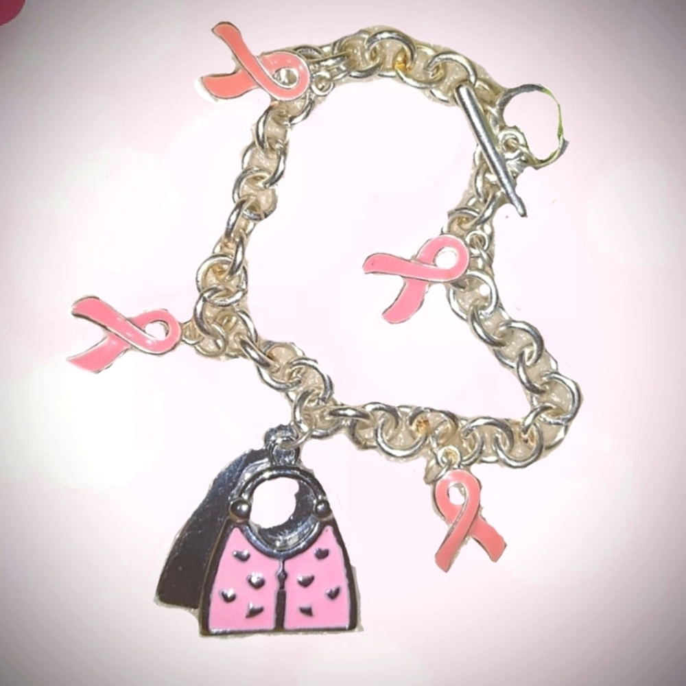 Pink Awareness Ribbon/Pink Bags Charm Bracelet